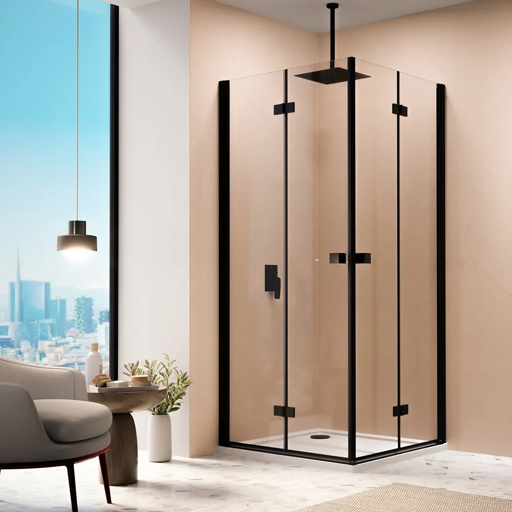 Box doccia angolare 90x90cm doppia anta a libro profili nero opaco e vetro da 8mm trasparente h195 | Fiji