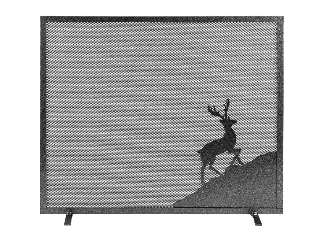 Parascintille per Camino a 1 Anta Design Cervo 60x51 cm in Ferro Verniciato Grigio Martellato