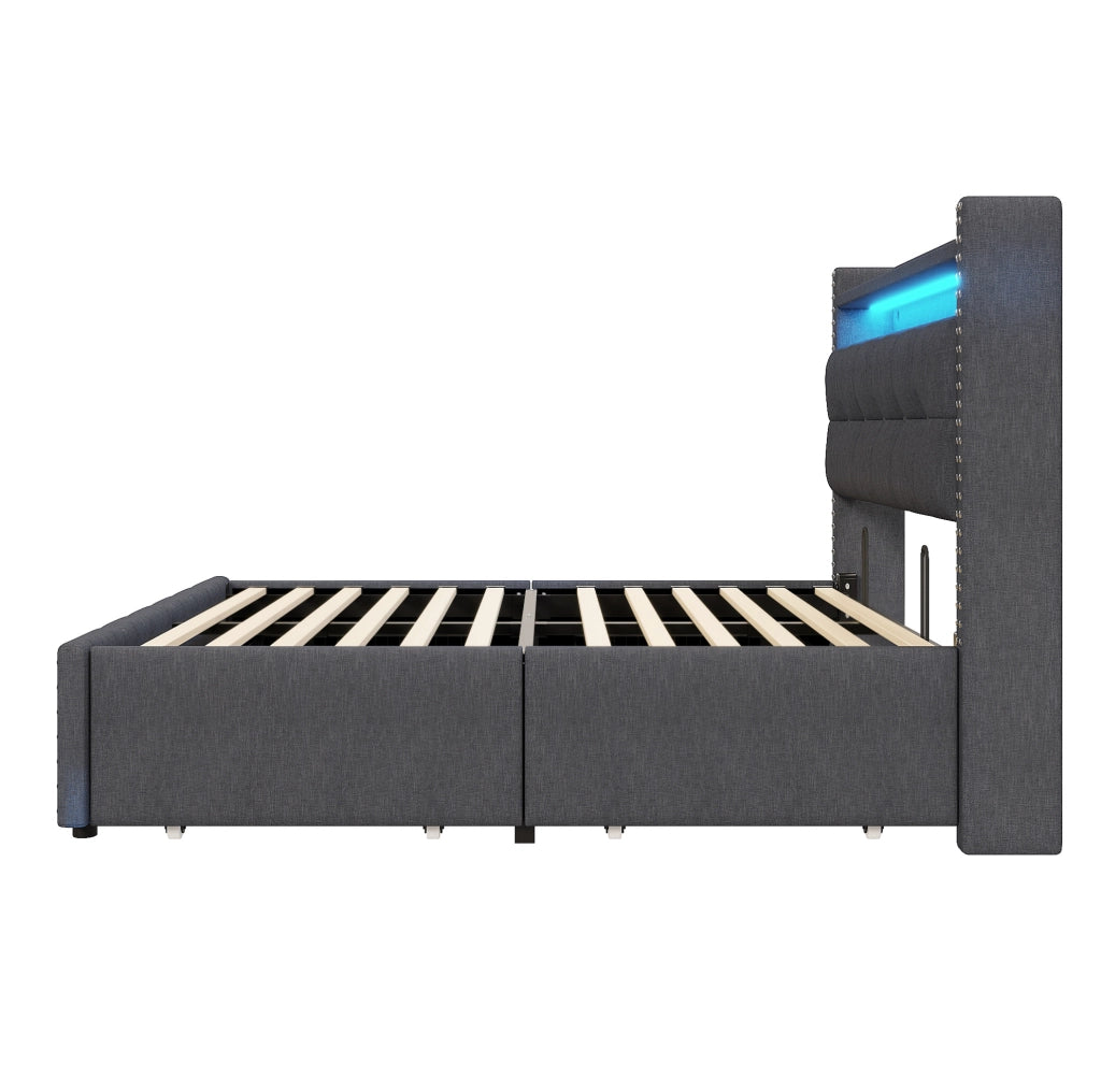 Letto imbottito 160x200 cm con LED; USB; ripiani e cassetto; lino grigio