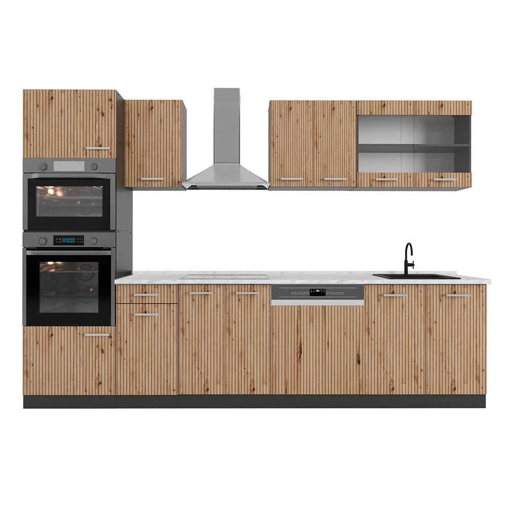 Cucina componibile R-Line Rovere artigianale/Antracite 300 cm con armadio alto, PL Marmo Vicco