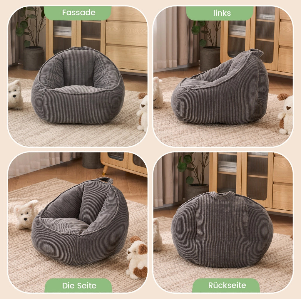 Pouf a sacco ULEVR per bambini in velluto a coste grigio, con forma curva di supporto
