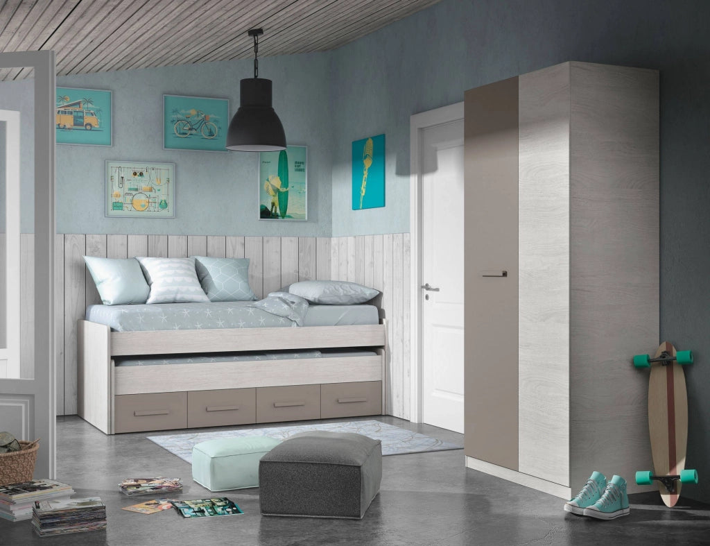 Letto singolo Cupido, Struttura letto per cameretta, Letto singolo con lettino estraibile e 4 cassettoni, cm 198x96h69, Legno e Marrone