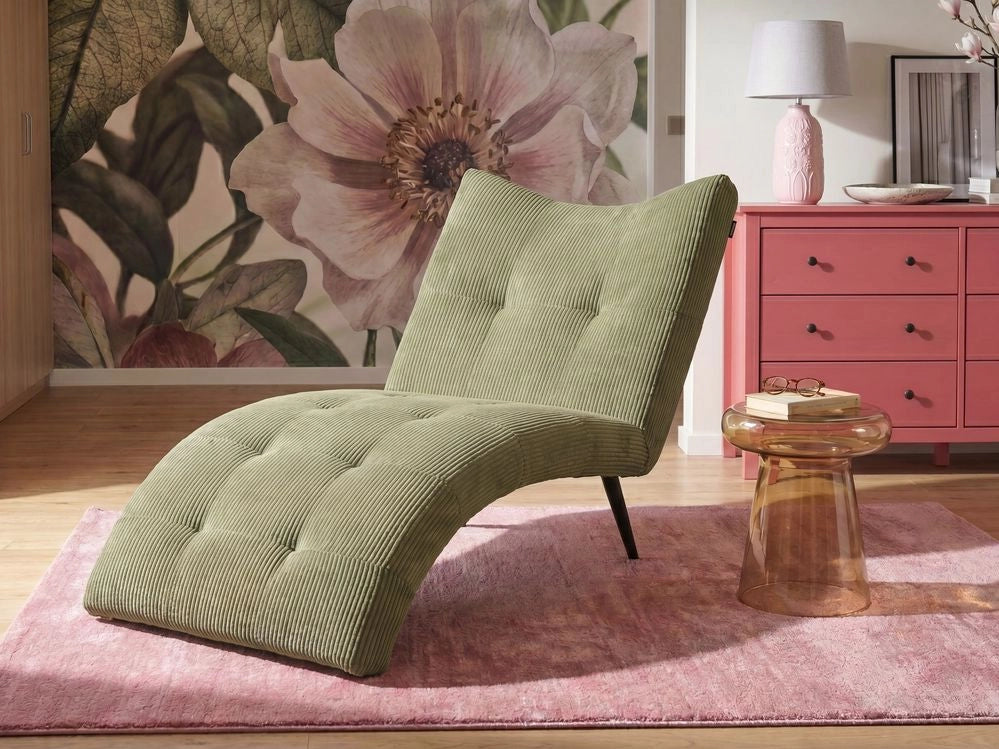 Chaise longue con rivestimento in velluto a coste verde trapuntatura a bottoni, senza braccioli, design moderno per soggiorno