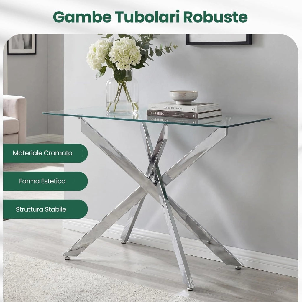 Consolle Ingresso in Vetro Temperato, Tavolo d'Ingresso con Gambe Incrociate in Metallo Placcato e Piedini Regolabili Antiscivolo, Tavolo per Corridoio, Entrata e Salotto (Argento)