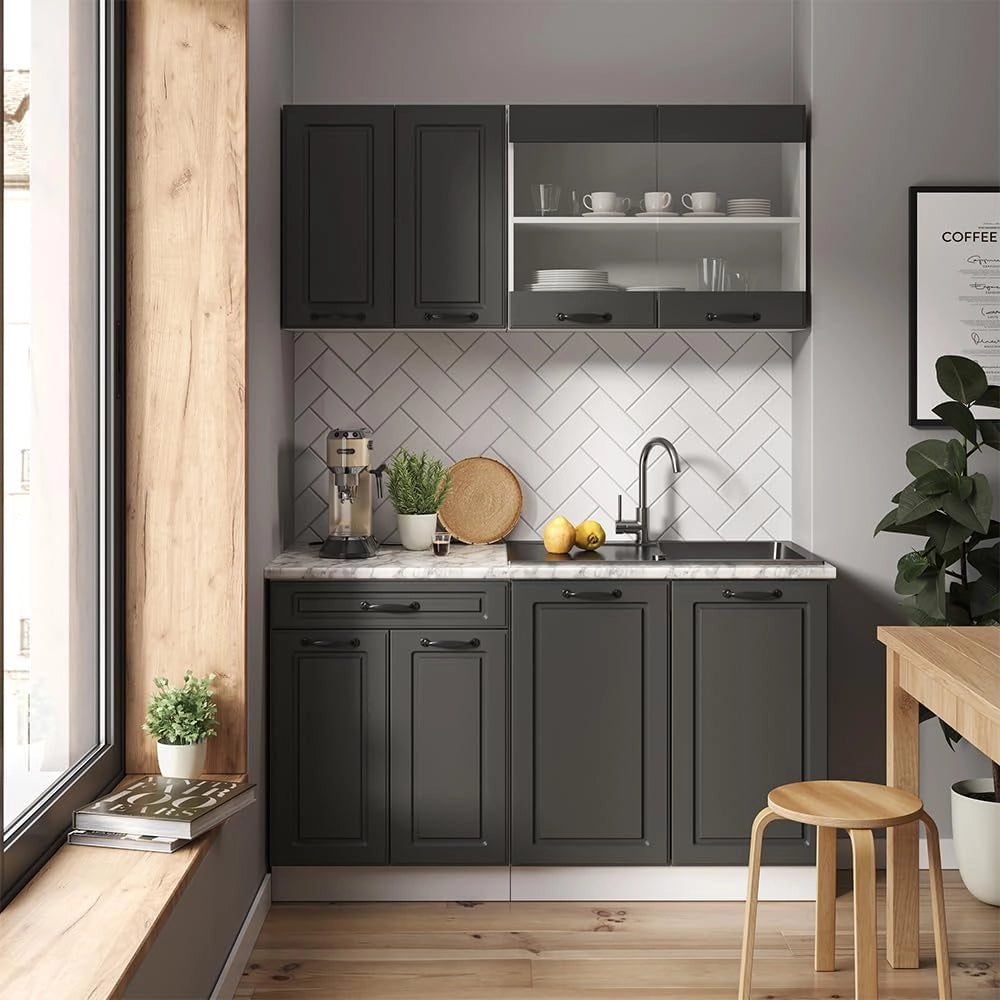 Mobile cucina sottotetto R-Line, Grigio prezioso/bianco, 210 cm Set di 5