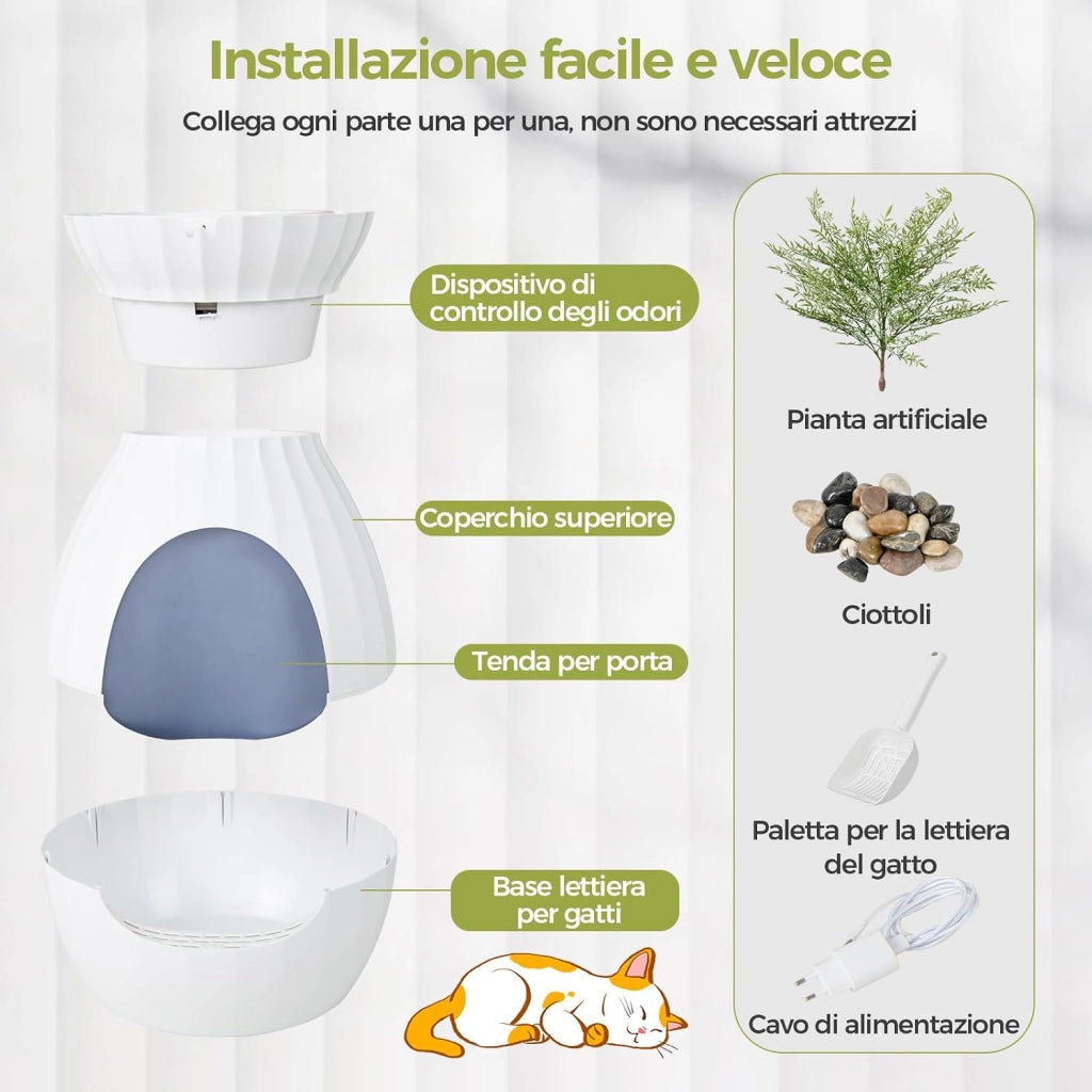 Lettiera per Gatti Smart con Rimozione Elettronica degli Odori e Sterilizzazione, Pianta Finta, Ciottoli, Tenda per la Porta, Paletta, Adatta per Gatti Grandi e Cuccioli (Bianco)