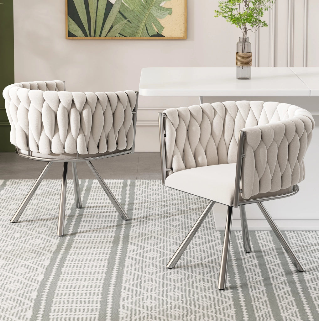 Coppia di sedie da pranzo girevoli in velluto beige e argento