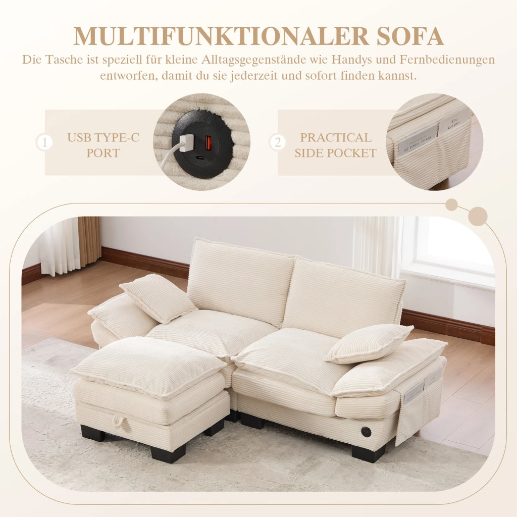 DIVANO 2 posti con pouf 190x132x84 cm in corduroy Beige