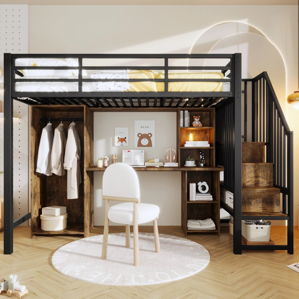 Letto a soppalco 90x200 cm con armadio; scrivania e gradini contenitore in metallo e MDF nero
