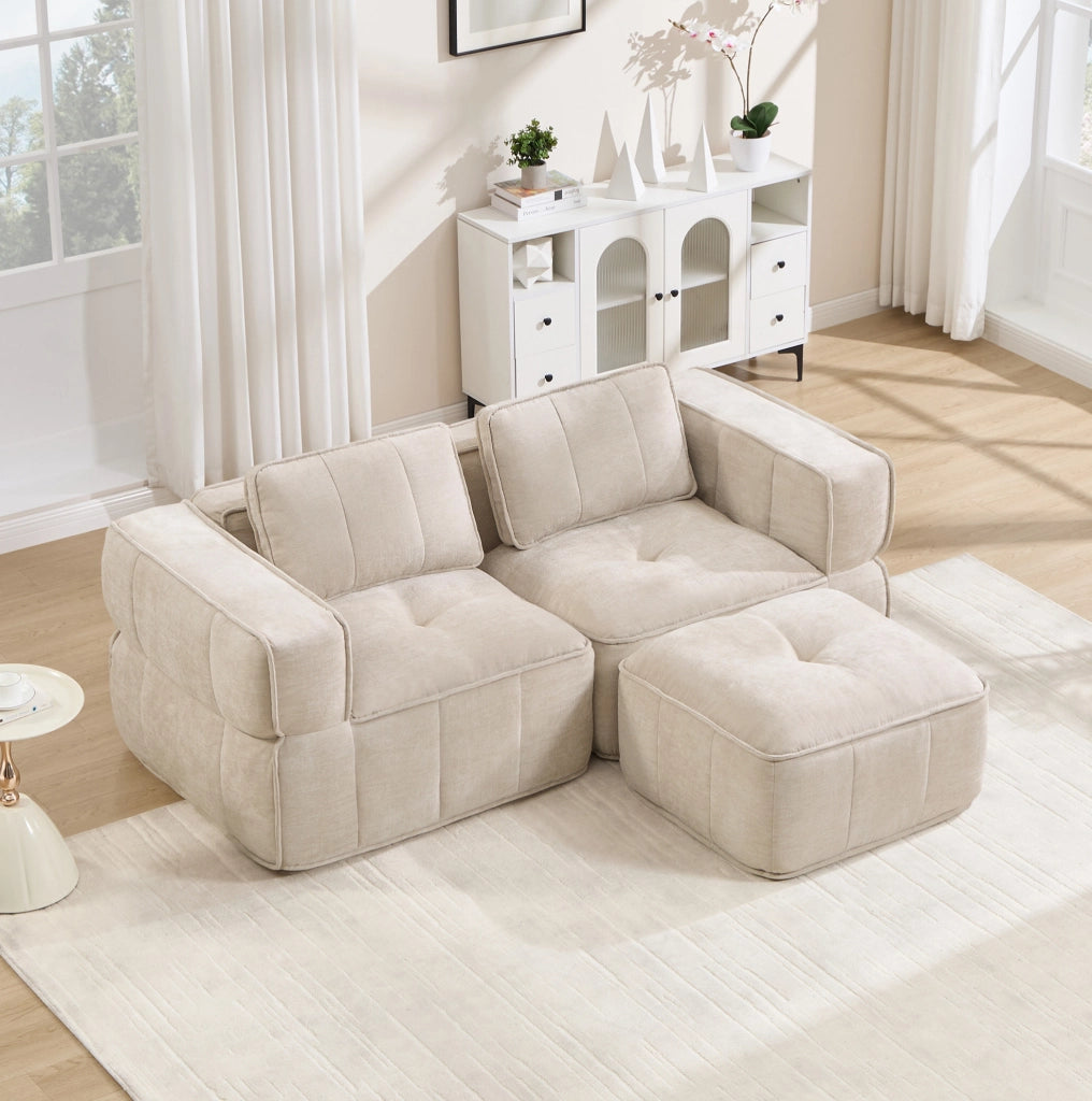 Divano modulare 2 posti 198x162 cm beige in poliestere; con pouf