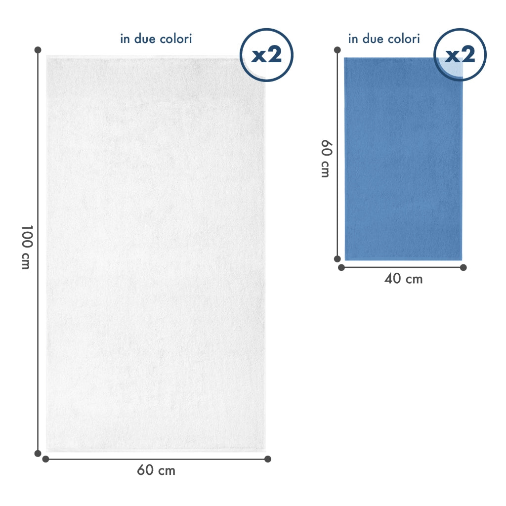 Asciugamani Bagno 100% Spugna Puro Cotone 500 Gr 4 Pezzi 2 Salvietta Viso 2 Asciugamano Ospite Mani Qualità Certificato Oeko-Tex Salviette Super Morbide Bicolore Bianco/NauticalBlu