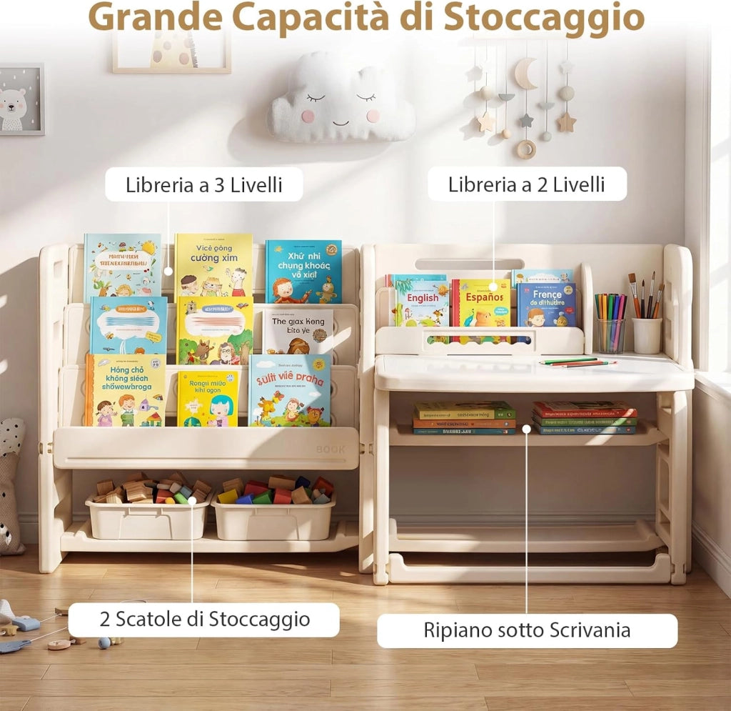 Set Tavolo e Sedia per Bambini 3+ Anni, Tavolino per Bambini con Scaffali Laterali e Cestini Portaoggetti, Piano Inclinabile e Lavagna Cancellabile, Tavolino e Sedie per Cameretta Ragazzi