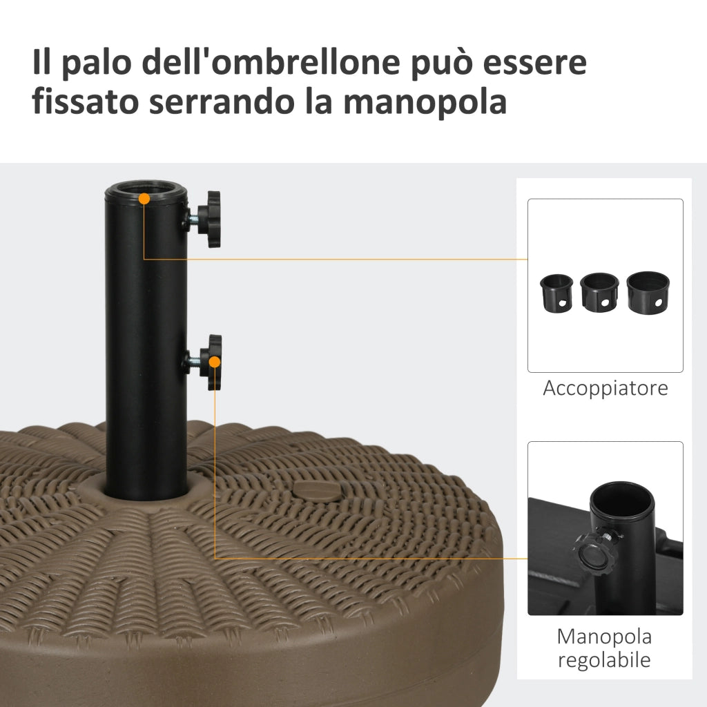 Base per Ombrellone con 2 Manopole Incorporate, in HDPE e Acciaio, ?51x36 cm, Marrone e Nero