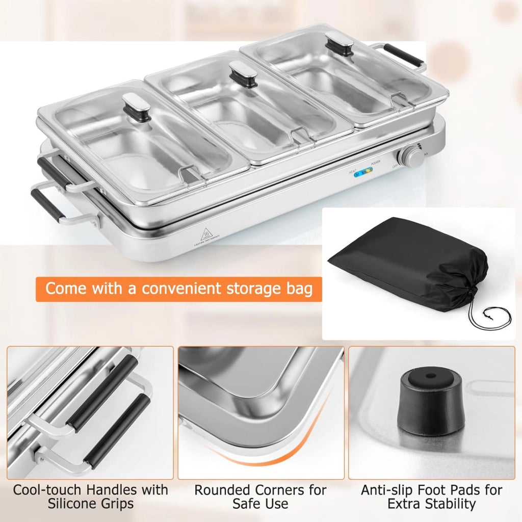 Scaldavivande Elettrico per Buffet 9L 450 W, Vassoio Scalda Vivande in Acciaio Inox con 3 Contenitori & Coperchi, Borsa, Temperatura 50-150℃, per Feste, Matrimoni, Ristoranti