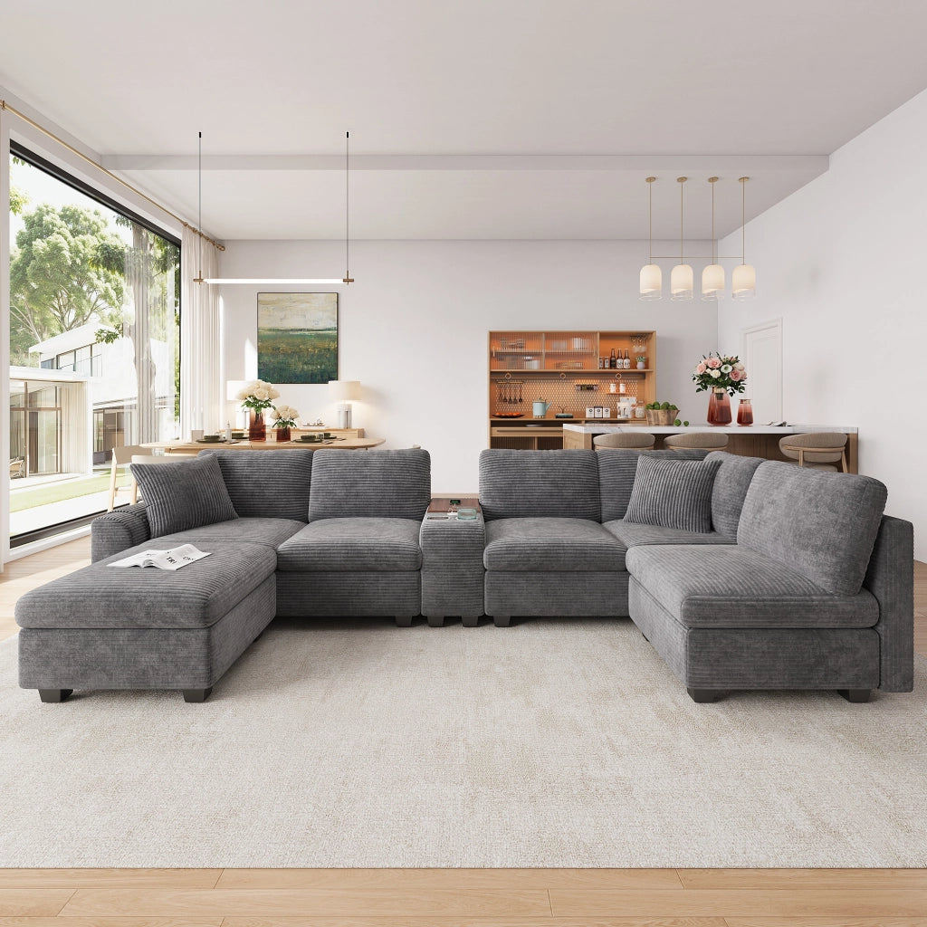 Divano angolare modulare 6 posti con ottomana contenitore console mobile e porte USB in corduroy grigio