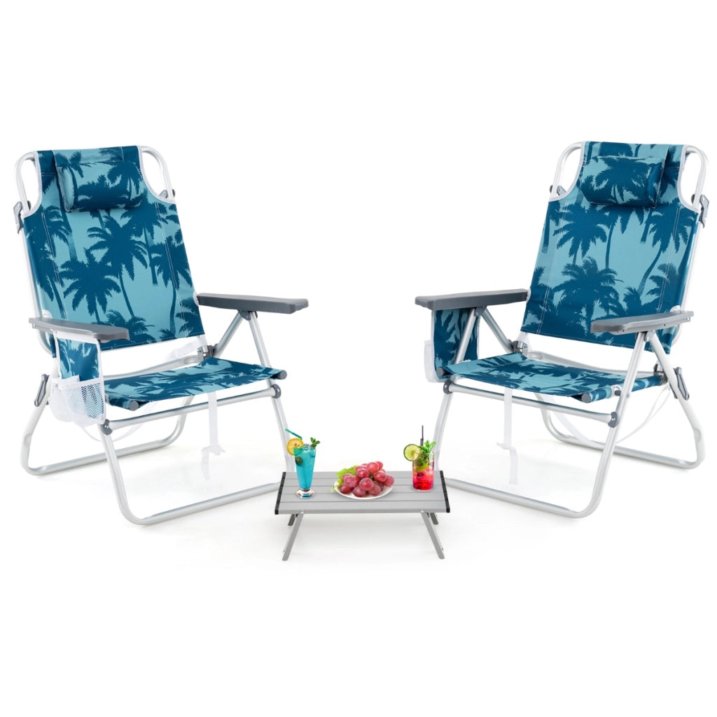 Sedie da giardino a 2 posizioni con tavolino laterale per picnic all'aperto-Set di sedie da spiaggia pieghevoli e tavolino Blu scuro