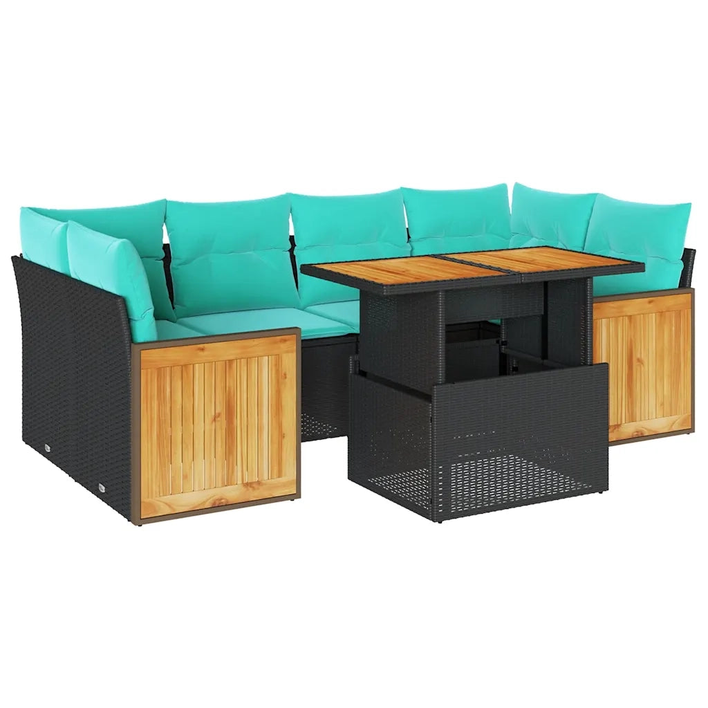 Set Divani da Giardino con Cuscini 7pz Nero Polyrattan Acacia