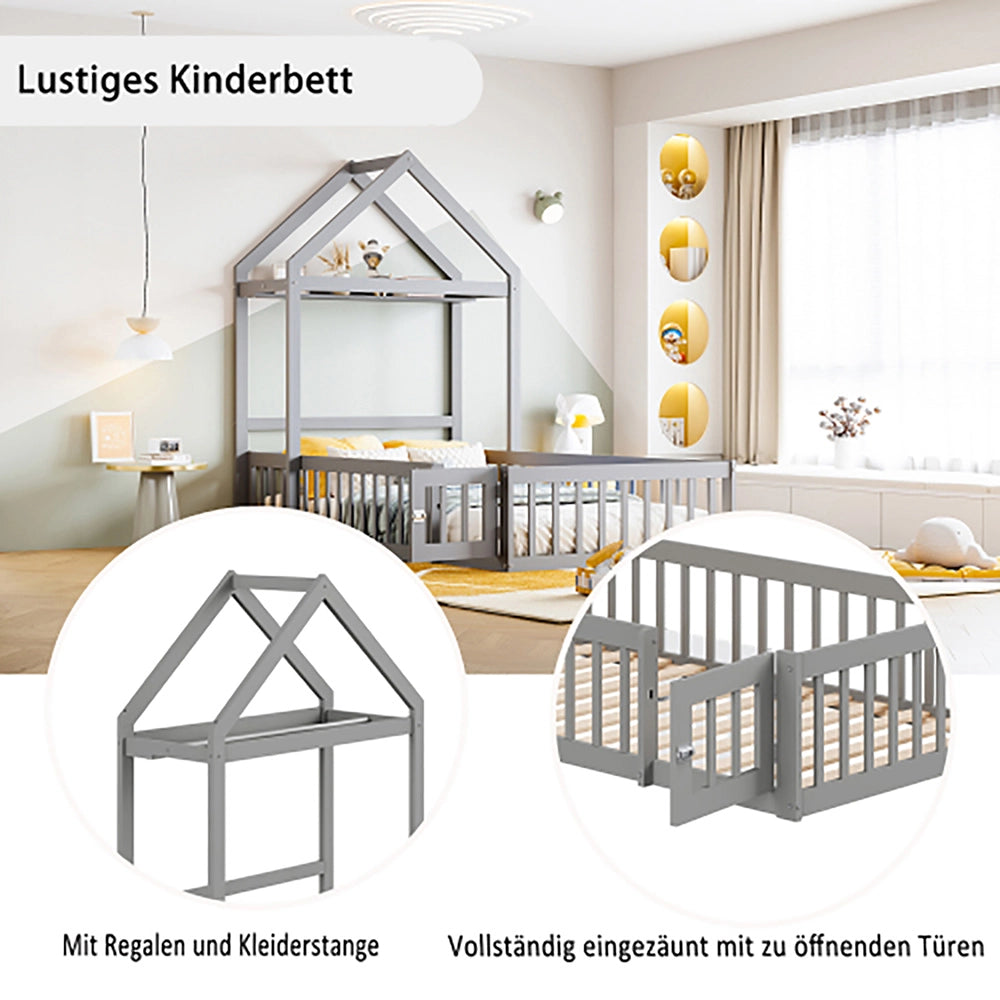 Letto singolo per bambini con contenitore - Xylo - 90x200 cm - Grigio - Protezione completa porte e rete