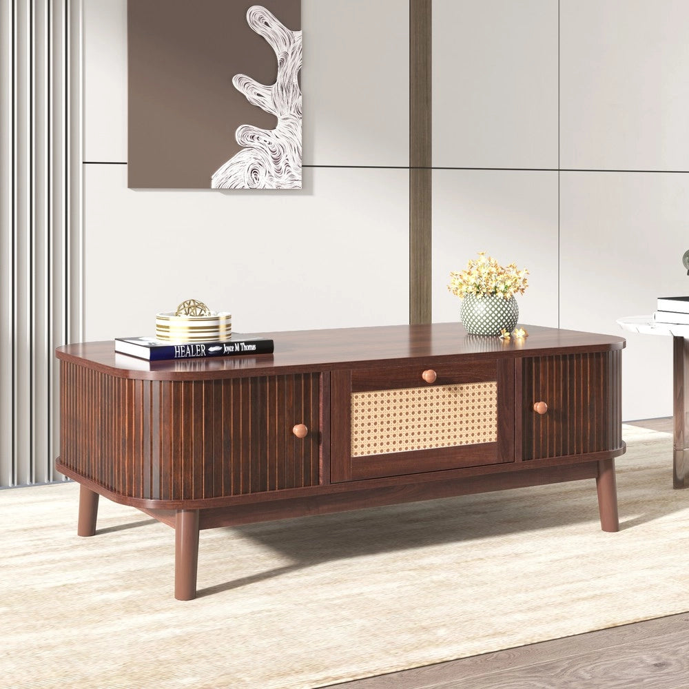 Tavolino da Caff¨¨ in Legno Massello e Rattan con Cassetti ¨C Xylo ¨C Naturale