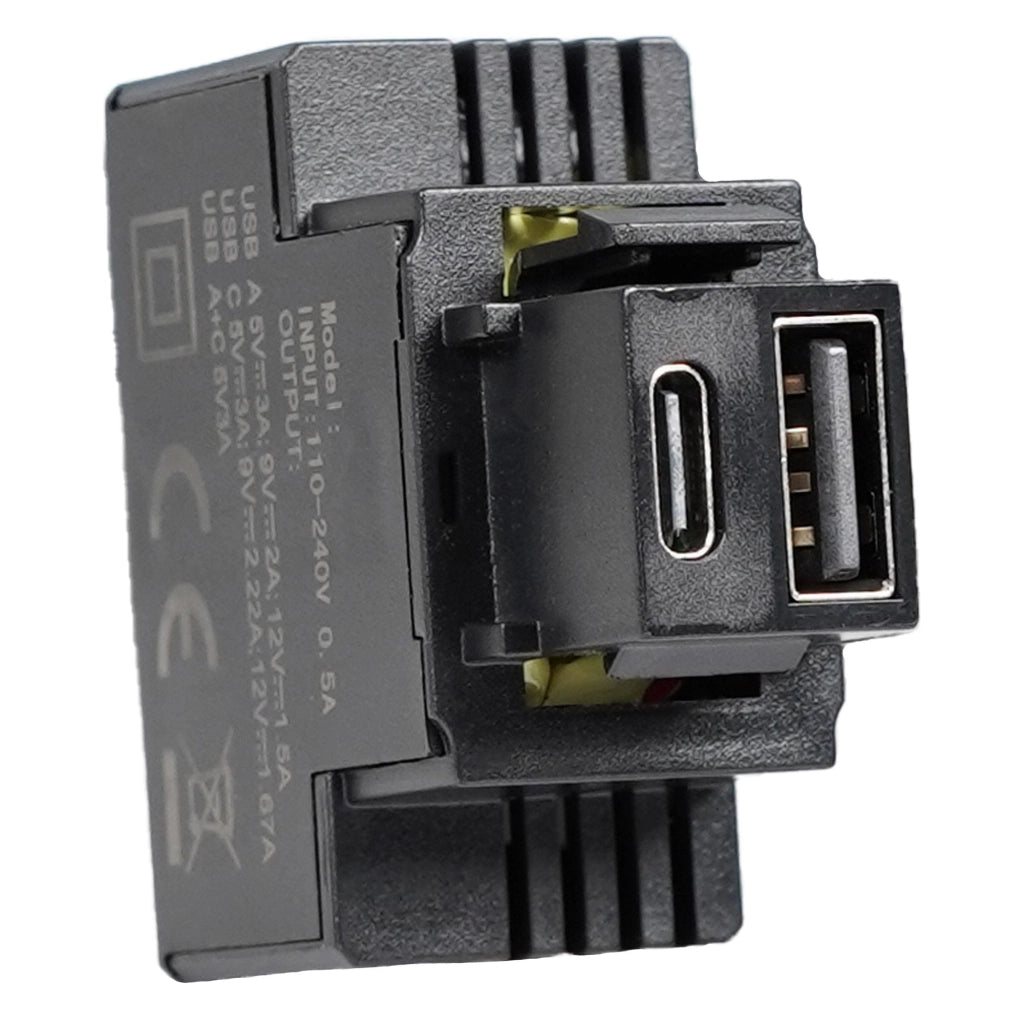 Alimentatore Compatto da Incasso Keystone USB-A e USB-C 20W 5-12V Nero