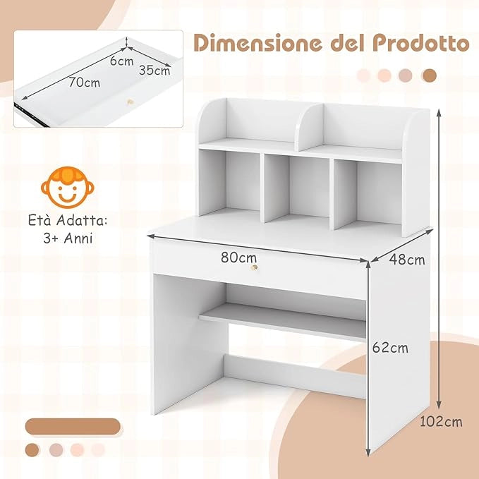 Scrivania in Legno 80 x 48 x 102 cm per Bambini 3+ Anni, Scrivania Cameretta Bambina con 5 Mensole, 1 Cassetto, Spazio di Lavoro e Angoli Arrotondati, Ideale per Studio e Disegno (Bianco)