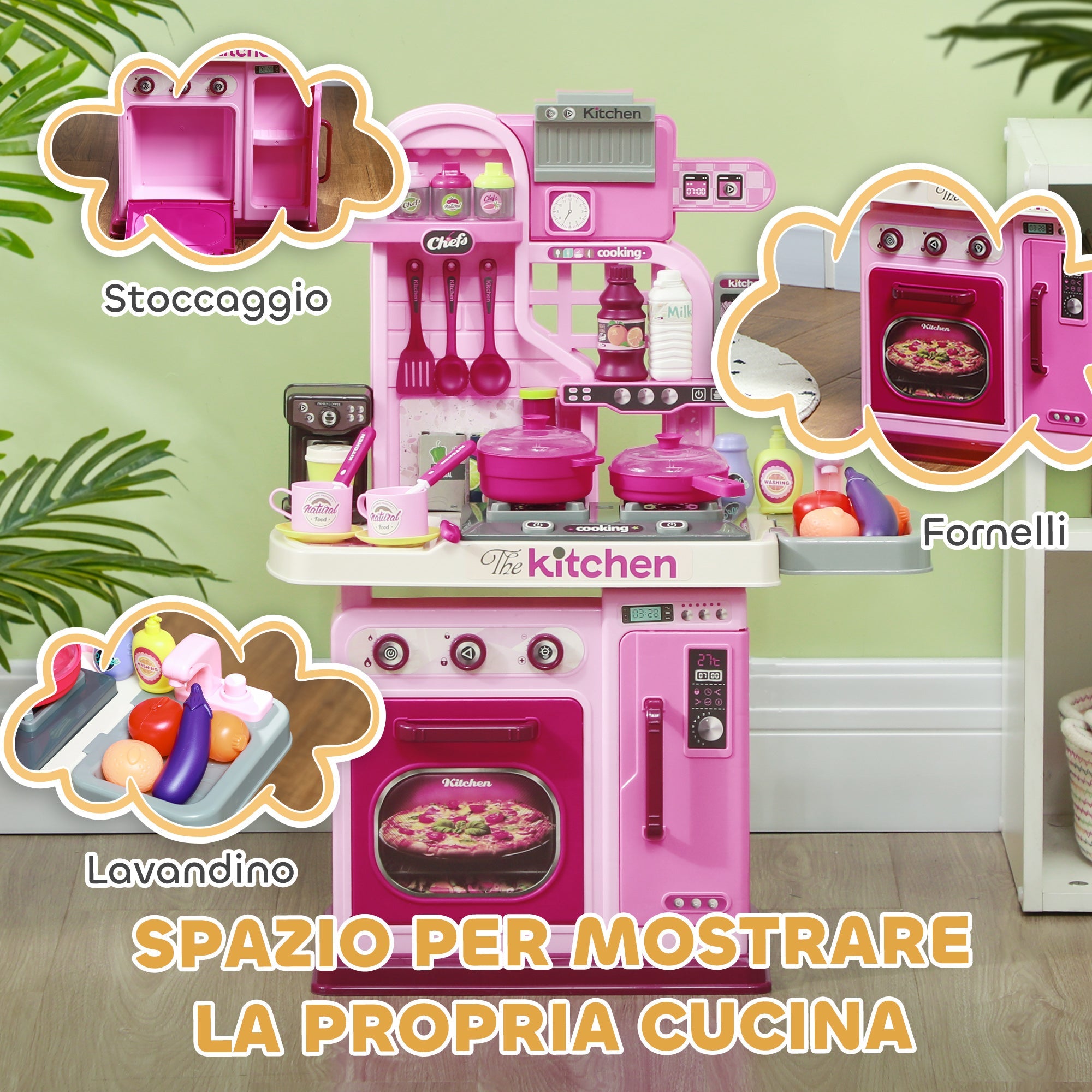 Cucina Giocattolo per Bambini 53x22x69 cm 33 Pezzi con Luci Suoni e Rubinetto Rosa
