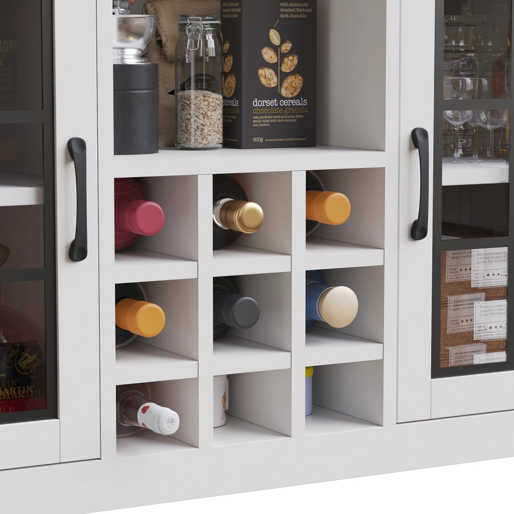 Madia Alta da Cucina con Cassetto; Ripiani Regolabili; LED e Portabottiglie; in MDF e Vetro; 120x40x180 cm; Bianco