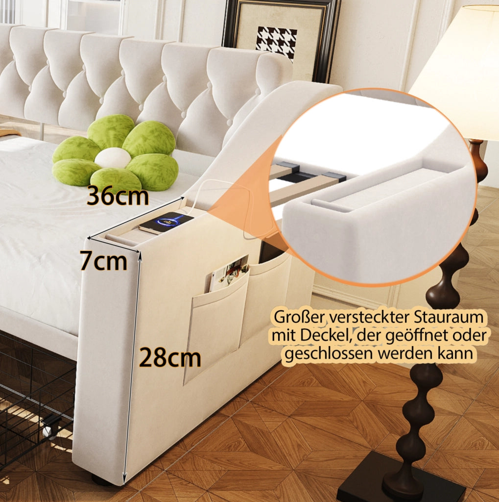 Divano letto imbottito 90x190 cm in velluto beige con cassetti contenitore e porte USB