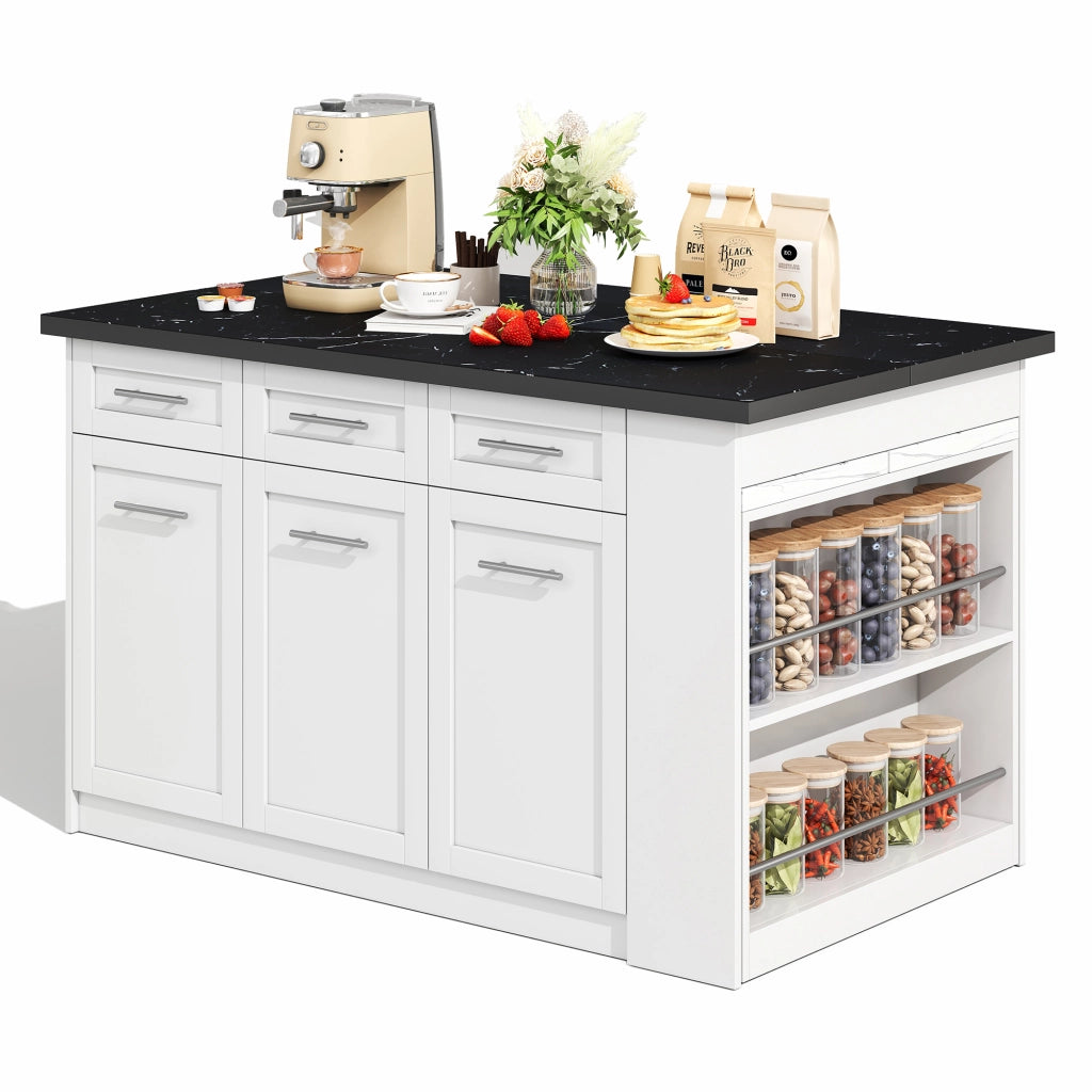 Isola cucina moderna con tavolo estraibile 150x90 cm, bianco, MDF effetto marmo