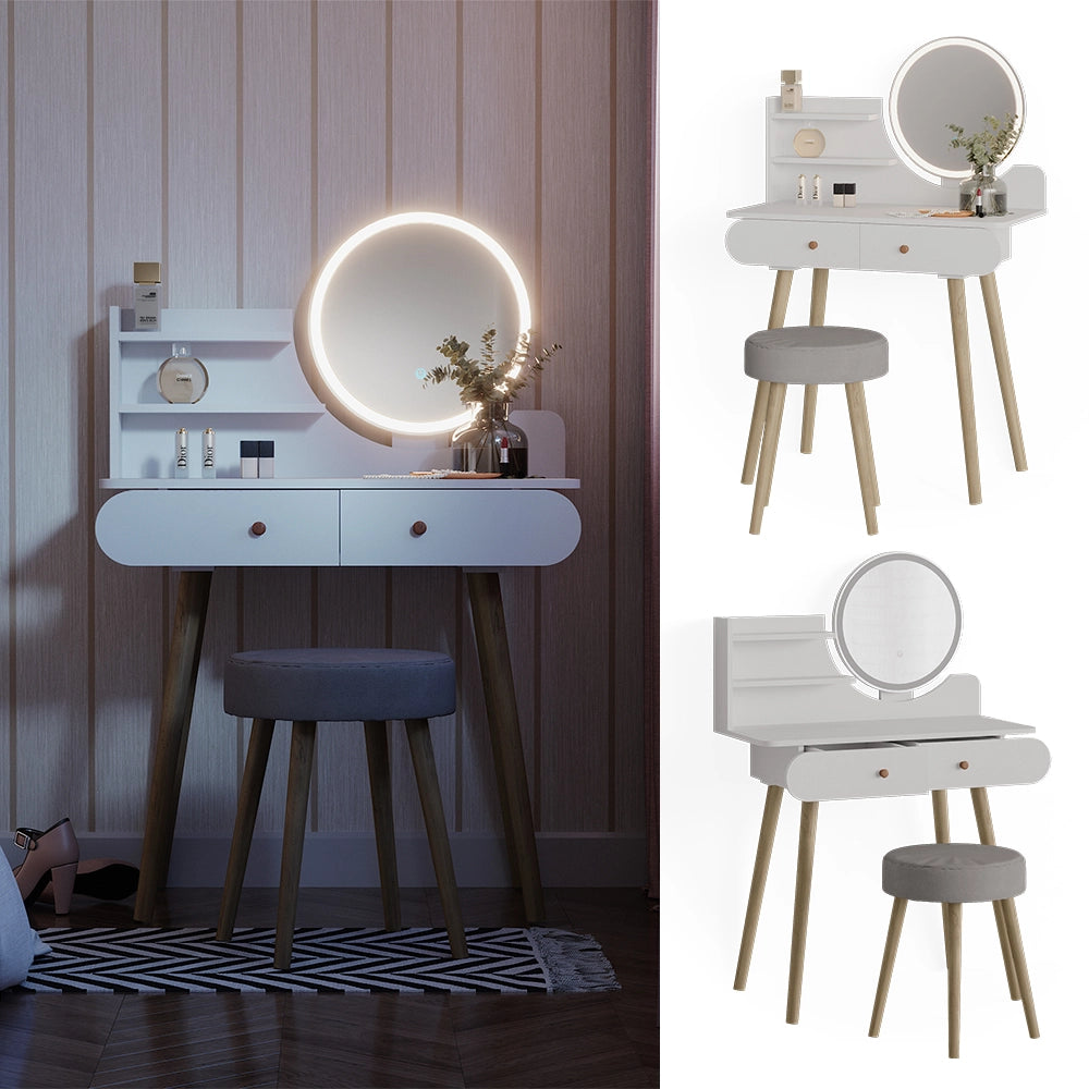 Vicco Tavolo da toeletta Bianco 80 cm con illuminazione LED e sgabello