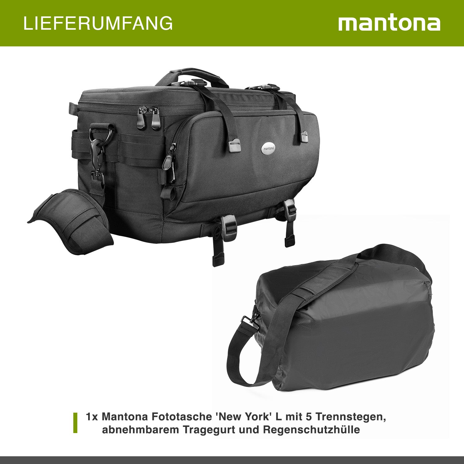 Mantona New York borsa fotografica con divisori interni per obiettivi, fotocamere a sistema, reflex, custodia per accessori fotografi con copertura antipioggia e tracolla