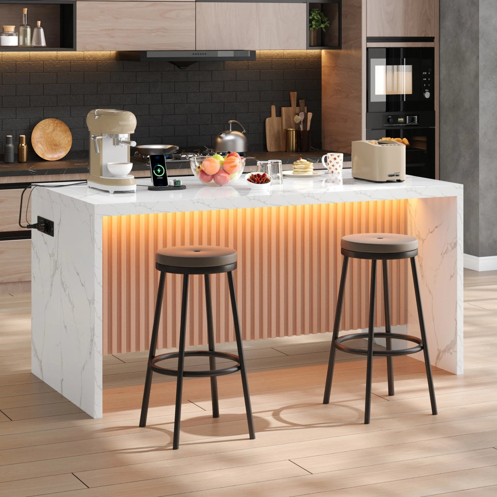 Isola da cucina 155x80x90 cm in MDF, bianco effetto marmo, con LED, prese EU e USB, piano da 40 mm