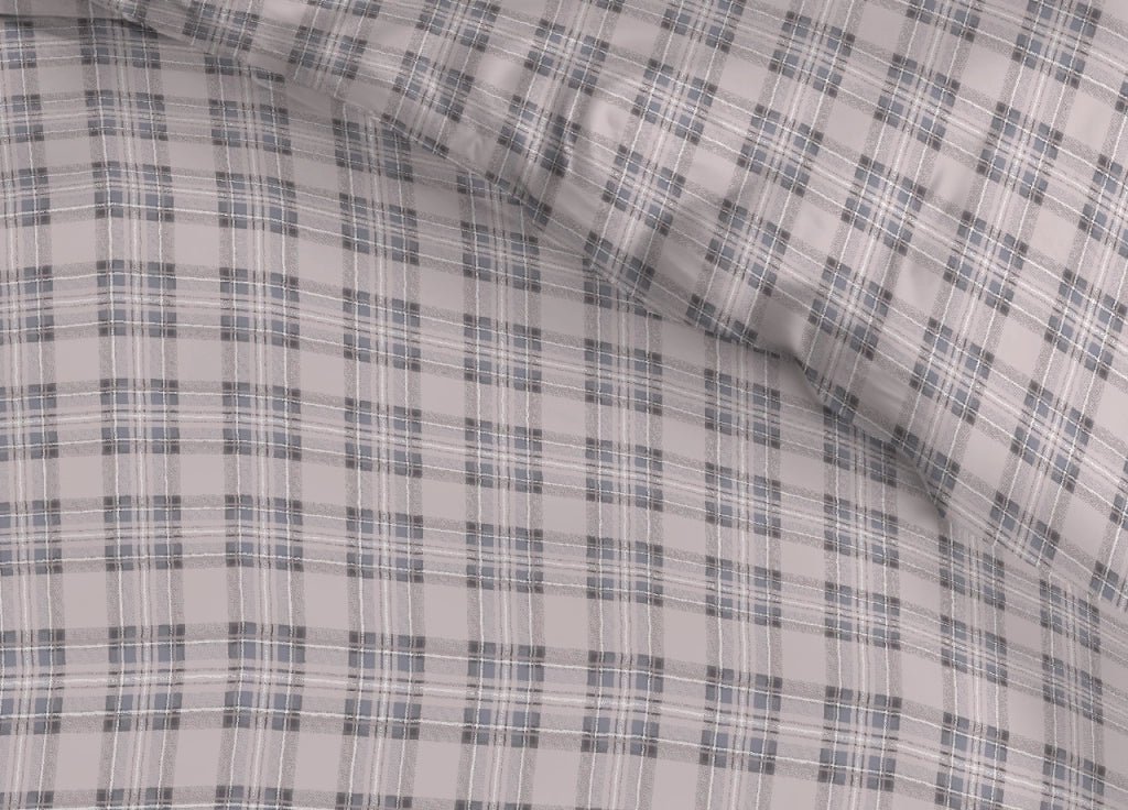 Copripiumino Sacco Piumone Cotone Flanella Pensieri Delicati Orsetto Tartan - Matrimoniale - Grigio