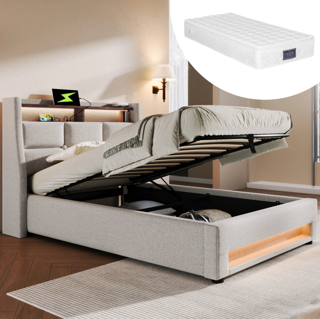 Letto imbottito singolo 90x200 cm beige con LED, USB e contenitore