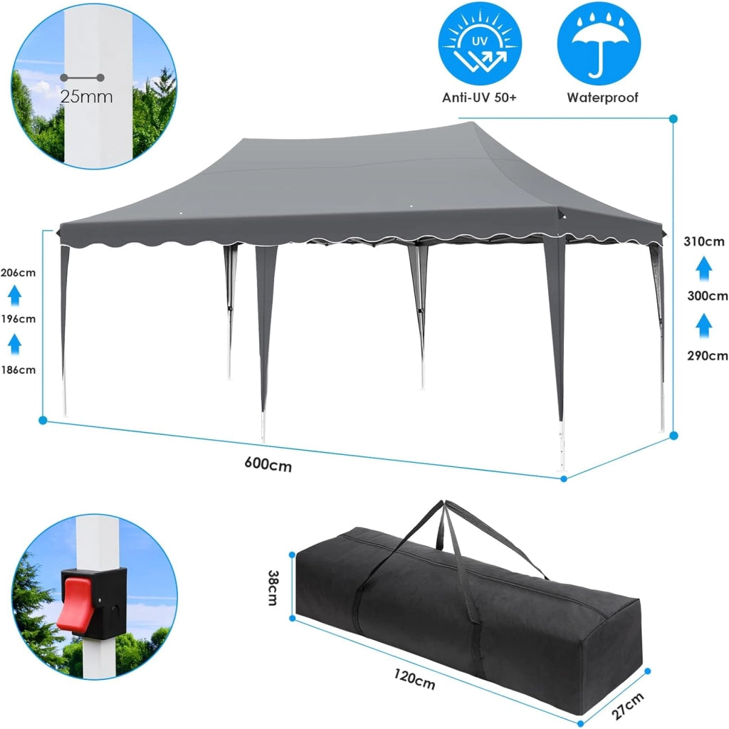 Gazebo 3x6 Pieghevole Impermeabile, altezza 290–300–310 cm, Protezione UV 50+, Tenda con 4 Pareti Laterali, 12 Ganci, 6 Corde e 6 Sacchi di Sabbia, Gazebo da Giardino per Campeggio, Matrimoni, Grigio