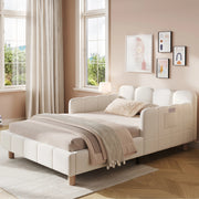Letto per bambini imbottito in velluto beige con testiera ergonomica e tasche laterali