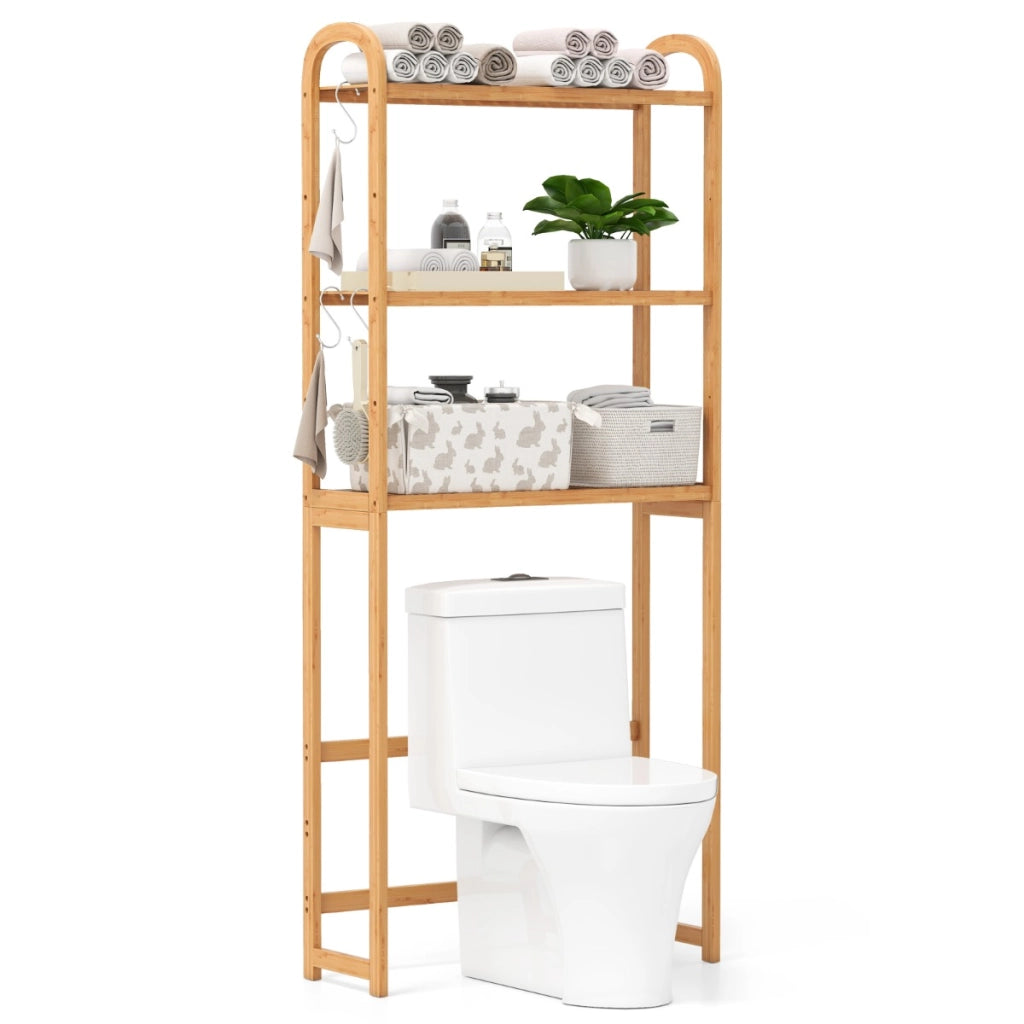 Organizzatore per bagno in bamb¨´ a 3 livelli con ripiani a 5 posizioni-Scaffale di stoccaggio sopra il WC per lavanderia Naturale