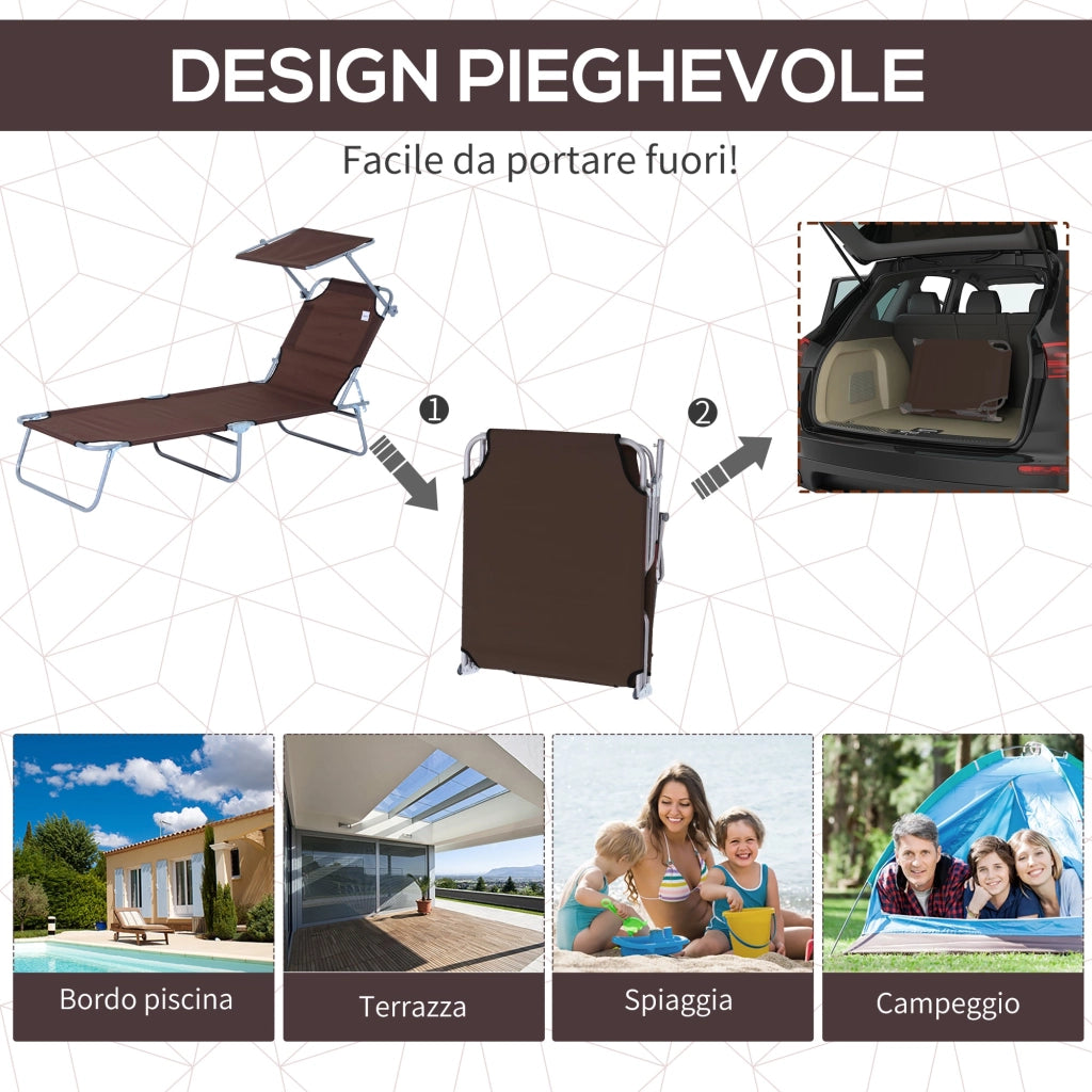 Lettino Prendisole in Ferro Pieghevole Reclinabile con Tettuccio Parasole Oxford Marrone