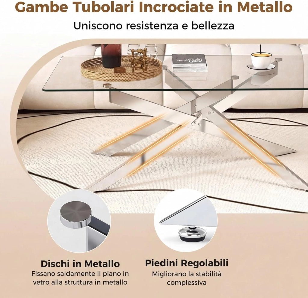 Tavolo da Caffè, Tavolino Salotto in Vetro Temperato con Gambe Incrociate in Metallo Placcato e Piedini Regolabili Antiscivolo, per Soggiorno e Ingresso, 120 x 60 x 45,5 cm (Argento)