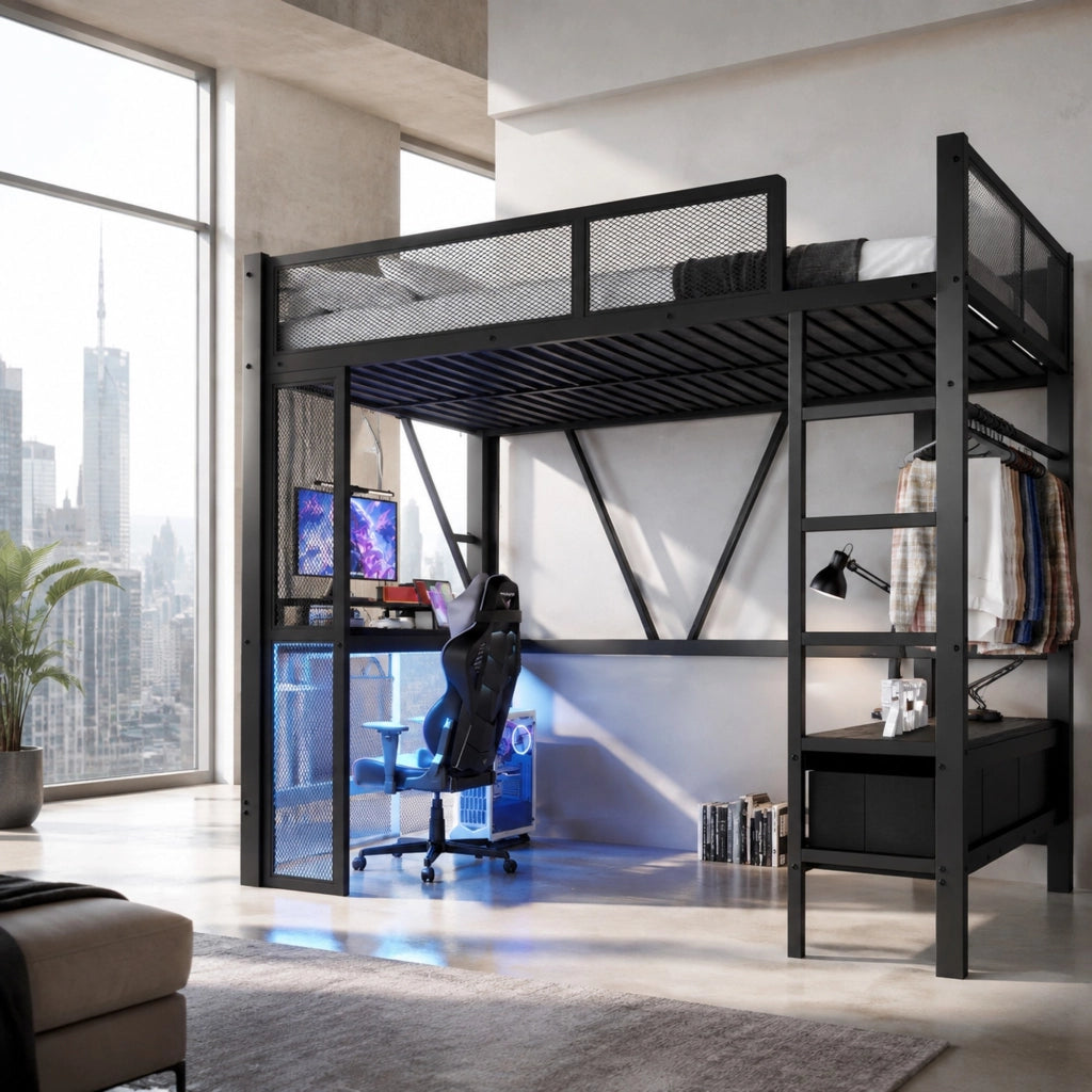 Letto a soppalco 140x200 cm nero con scrivania, LED, armadio aperto e cassetti