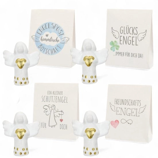 Set di 4 Angeli Protettori Mini - Dimensioni circa 5 cm - Portafortuna - Angelo della Amicizia - Postino degli Angeli - Materiale poliuretano di alta qualità con cuore d'oro - Angelo Portafortuna
