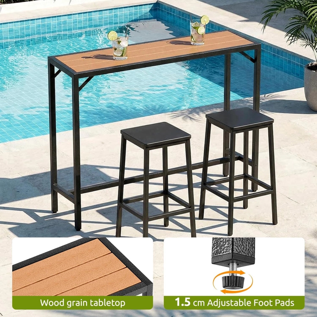 Outdoor Bar Table, 120 x 38 x 98 cm, Tavolo da Giardino Cortile con Piano Impermeabile, Tavolo da Bar Alto con Piedini Regolabili, adatto per Terrazza, Bordo Piscina, Soggiorno, Marrone