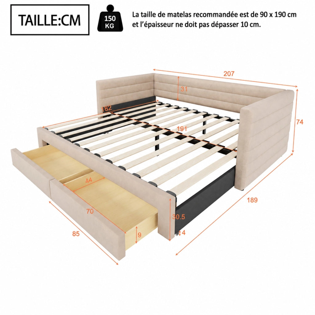 Divano letto estraibile con 2 cassetti e funzione letto in cotone e lino beige 90 × 190 cm