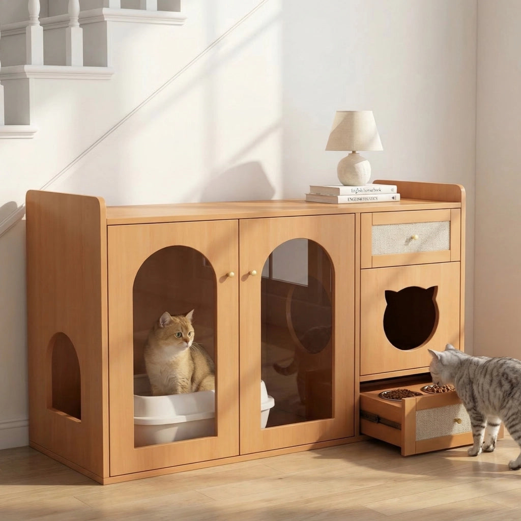 Mobile multifunzione per gatti 5 in 1 con zona lettiera, area riposo, ciotole e vani contenitore, effetto noce, 120x45x83 cm