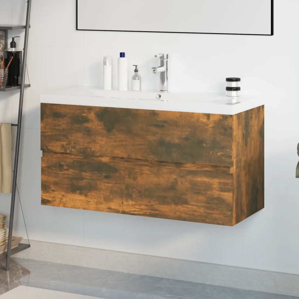 Mobile Bagno con Lavabo | Armadio Lavabo Integrato Rovere Fumo Legno Multistrato