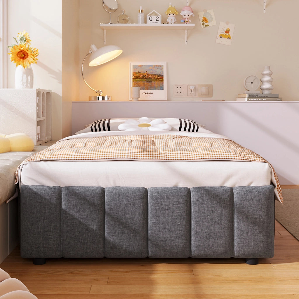 Letti contenitori 90x200 cm; contenitore idraulico; lino; grigio (Senza materasso)
