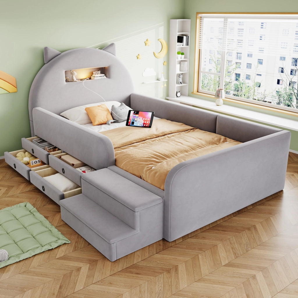 Letto imbottito per bambini 90x200 cm in velluto grigio chiaro con testiera a orecchie; USB; luce e cassetti