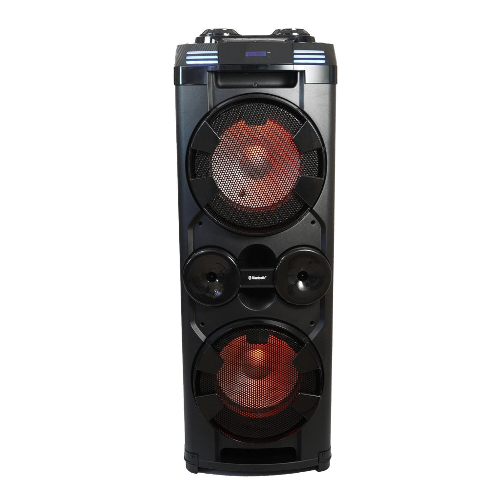 Cassa Bluetooth a trolley 2x12 pollici con tweeter, 150W RMS, karaoke, ruote, luci LED RGB e radio FM - SOGO