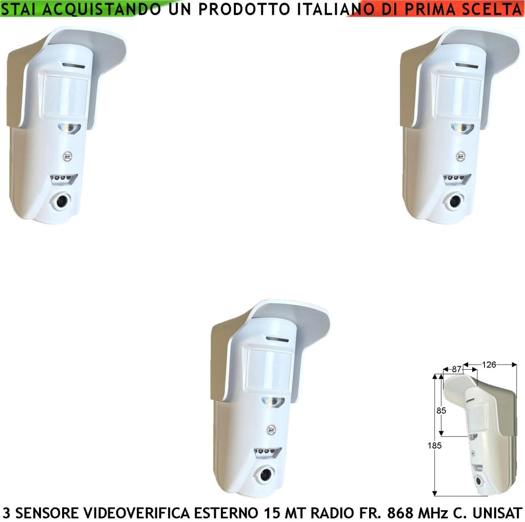 Rilevatore Movimento Doppia Tecnologia Esterno 3 Pezzi 15 Metri Grandangolo o 25 Metri Tenda Telecamera Colori VGA 640X480 Pixel Videoverifica Frequenza 868 MHz Bidirezionale Codice UNISAT Rete GPRS