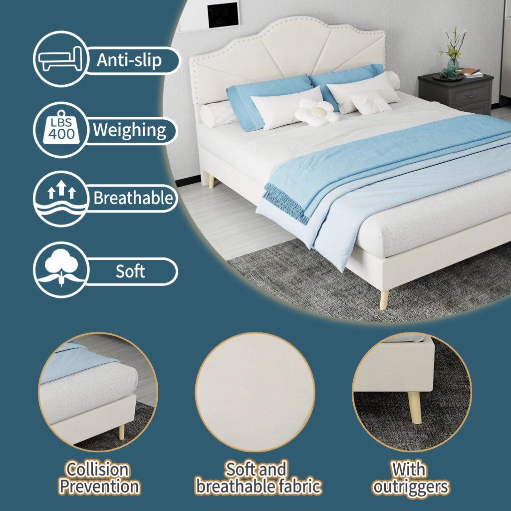 DESMIU Lit simple 140 × 200 cm con testiera geometrica e borchie, senza materasso, in tessuto e metallo, beige